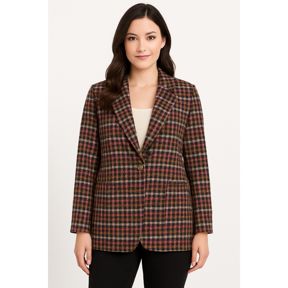 Cato Plaid Blazer Women L Brown Pink One Button Long Sleeve Jacket Coat Academia
